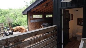 Una cabaña rústica con fachada de madera, baño visible y un área cercada con animales.