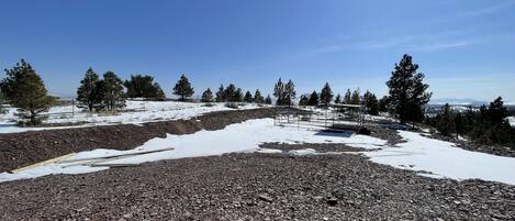 A rocky terrain with sparse snow patches and scattered trees.