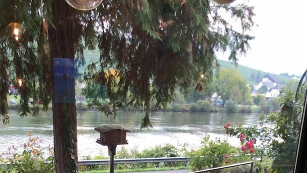 A dining table set with various dishes, a pitcher, and a glass of orange juice, with a view of a lake and greenery outside. - Hotel Gonzlay (Traben-Trarbach)