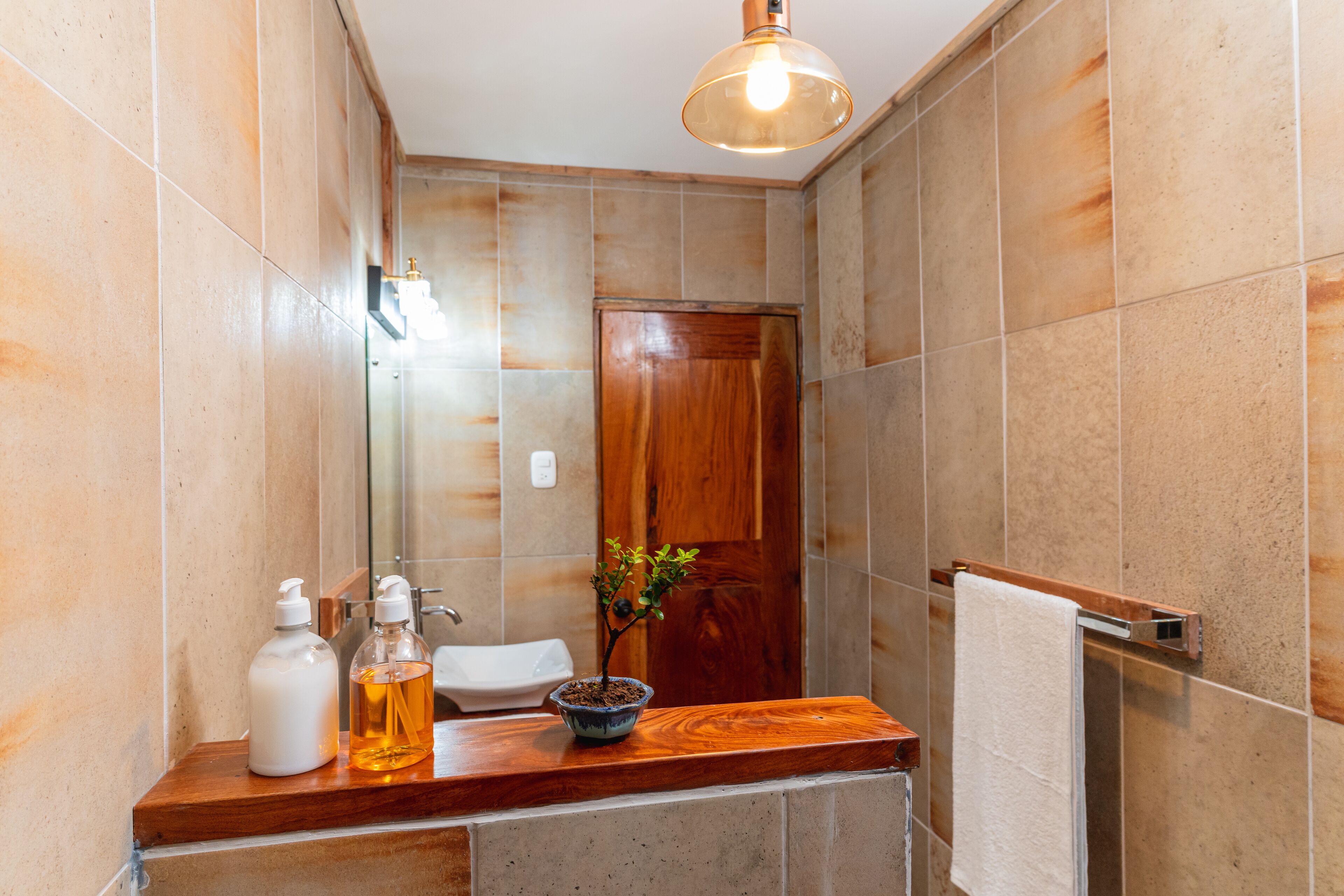A bathroom with a wooden vanity, a sink, a mirror, a potted plant, and a towel rack.