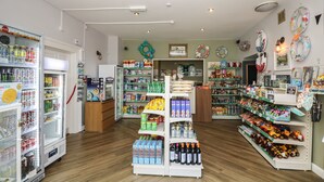 A well-lit store with shelves stocked with snacks, drinks, and toys. - Wren's Nest Manorcombe 41 (Gunnislake)