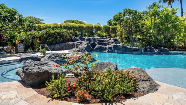 A swimming pool surrounded by tropical plants and rocks.