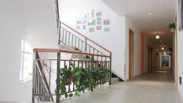 A staircase with a metal railing, a wall with framed pictures, and a hallway leading to a door.