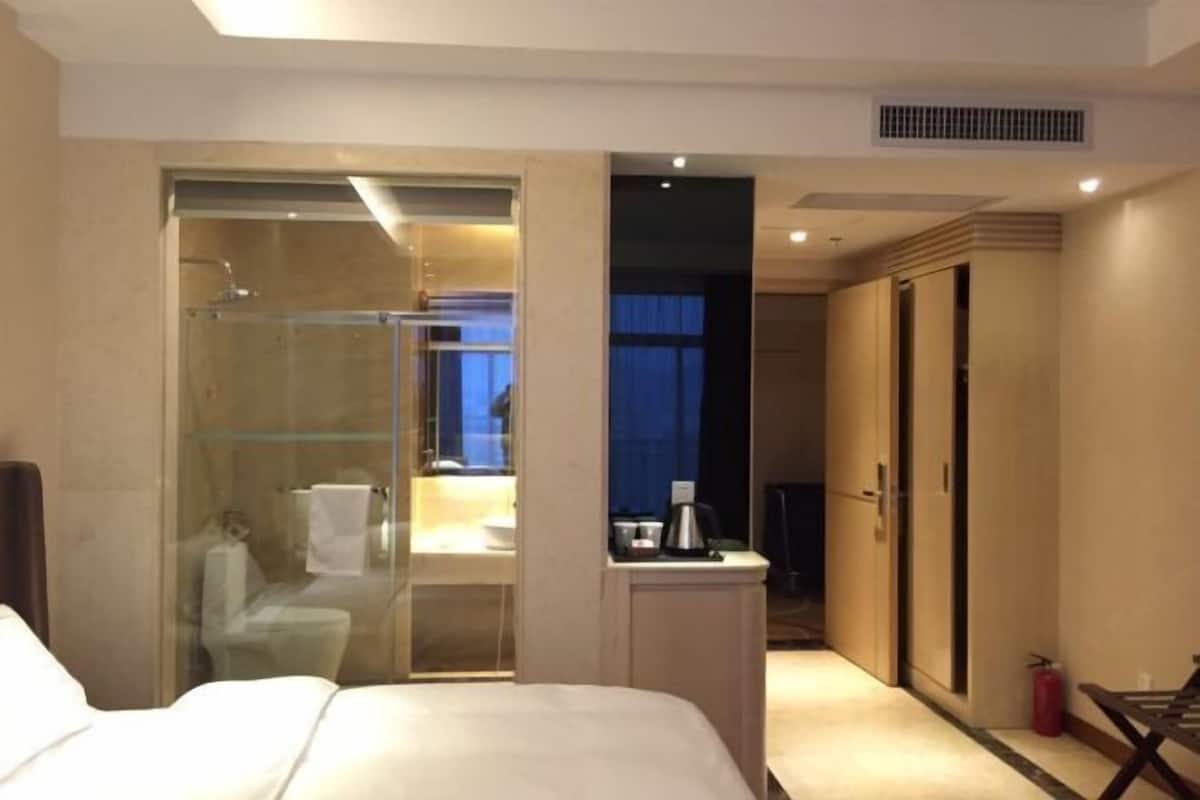 A hotel room with a bed, a glass-enclosed shower, a small kitchenette, and a walk-in closet.