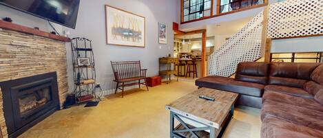 Télévision, cheminée, lecteur de DVD