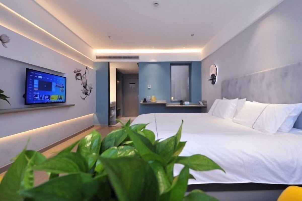 A modern hotel room with a large bed, a flat-screen TV mounted on the wall, a bedside table, and a potted plant.