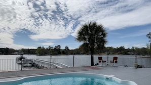 Piscina com borda curva, palmeira e vista para um lago com uma ponte e casas ao fundo.