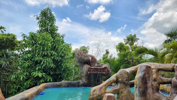 A pool with a naturalistic rock formation and a waterfall feature.
