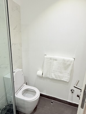 A bathroom with a toilet, a towel hanging on the wall, and a roll of toilet paper. - Comfortable one bedroom Studio Apartment @ The Lennox Airport Residential Accra (Accra)