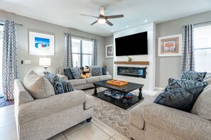 Smart TV, fireplace, video games, foosball