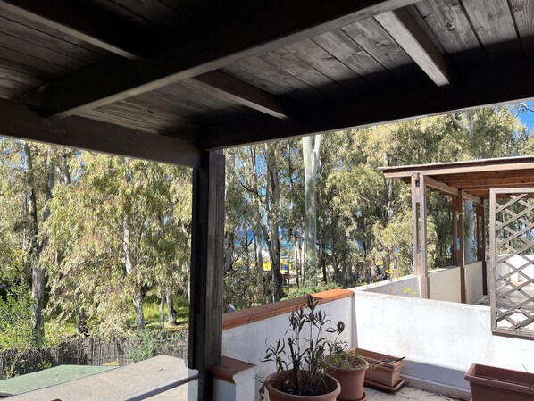 Un espacio al aire libre techado, con techo de madera, plantas en macetas y vistas a árboles y un edificio al fondo.
