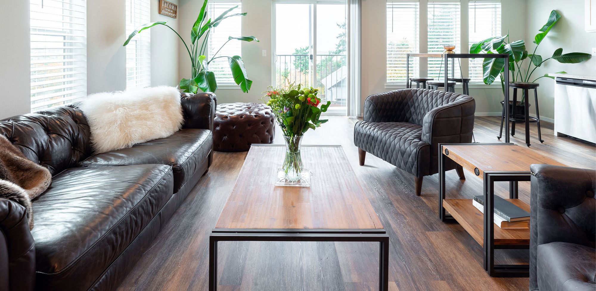 A modern living room with leather sofas, a coffee table, and potted plants.
