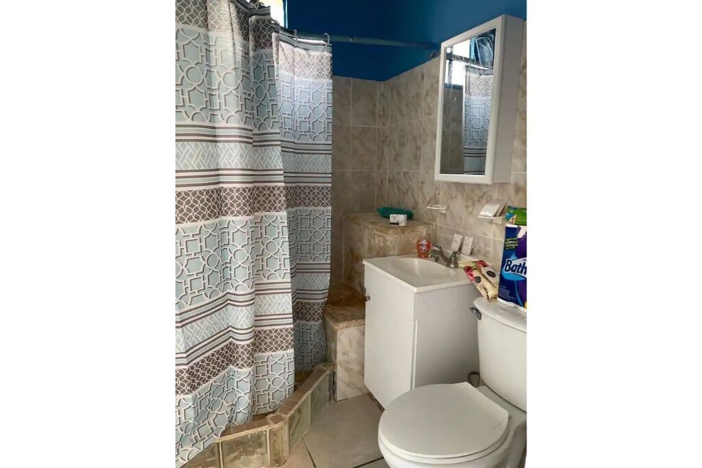 Shower, towels, soap, toilet paper