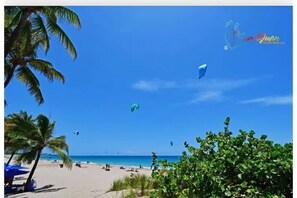 Een strand met palmbomen en een helderblauwe lucht.