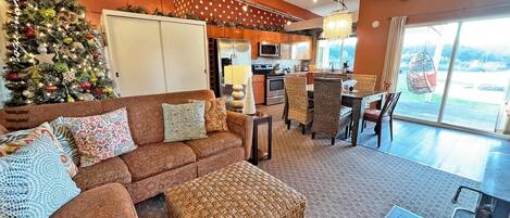 Smart TV, fireplace, DVD player, books