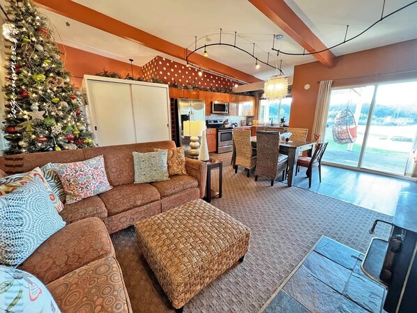 Smart TV, fireplace, DVD player, books