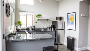 Fridge, microwave, dishwasher, coffee/tea maker