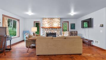 智能电视、壁炉、DVD 播放器、影片库