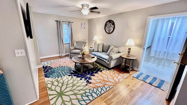 Un salon avec un canapé, une table basse et un tapis à motifs.