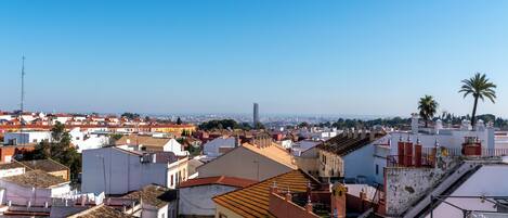 A cityscape with a variety of building styles and a prominent tower in the distance.