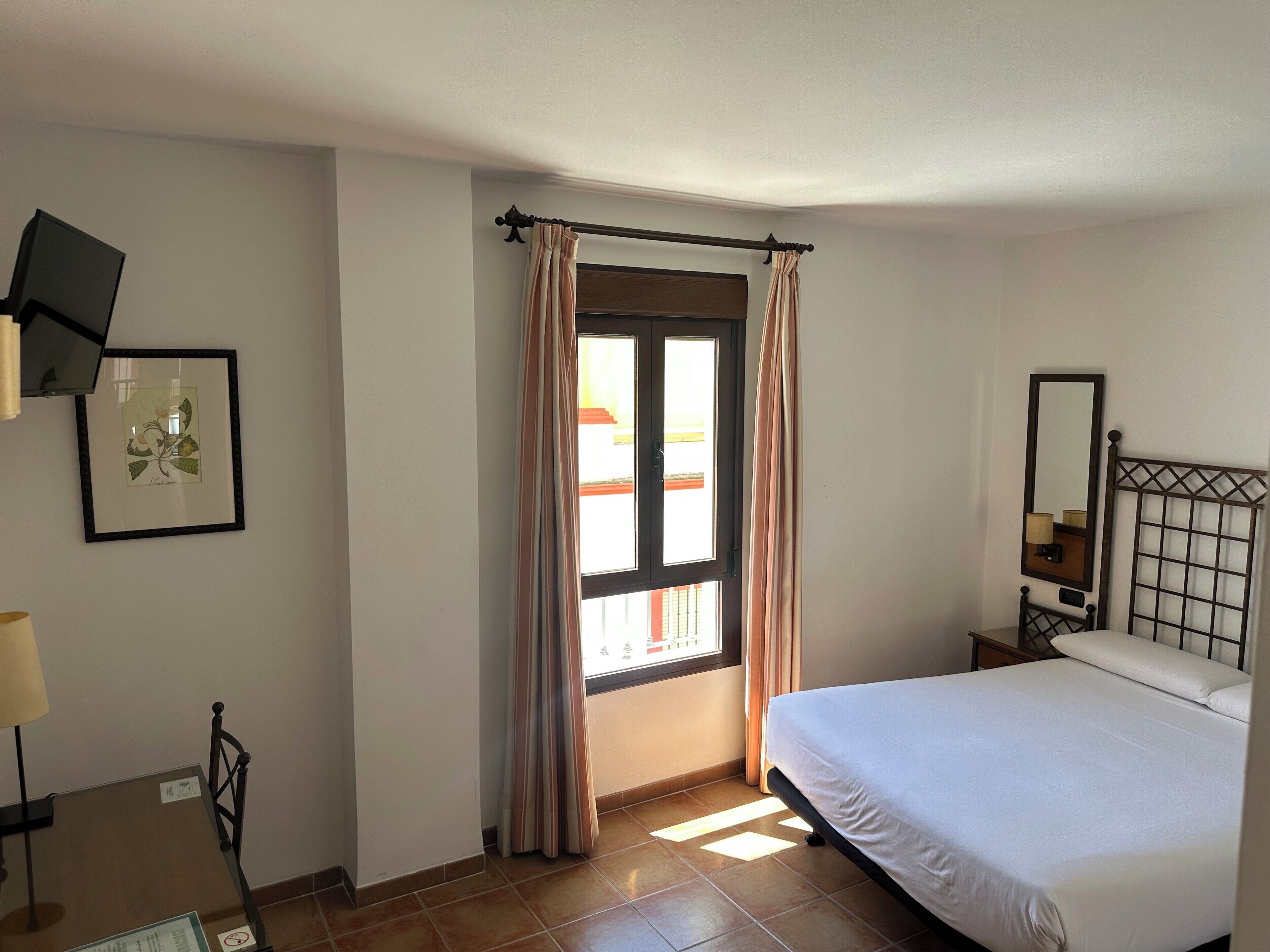 A hotel room with a bed, a desk with a chair, a window with curtains, a wall-mounted TV, and a framed botanical print.