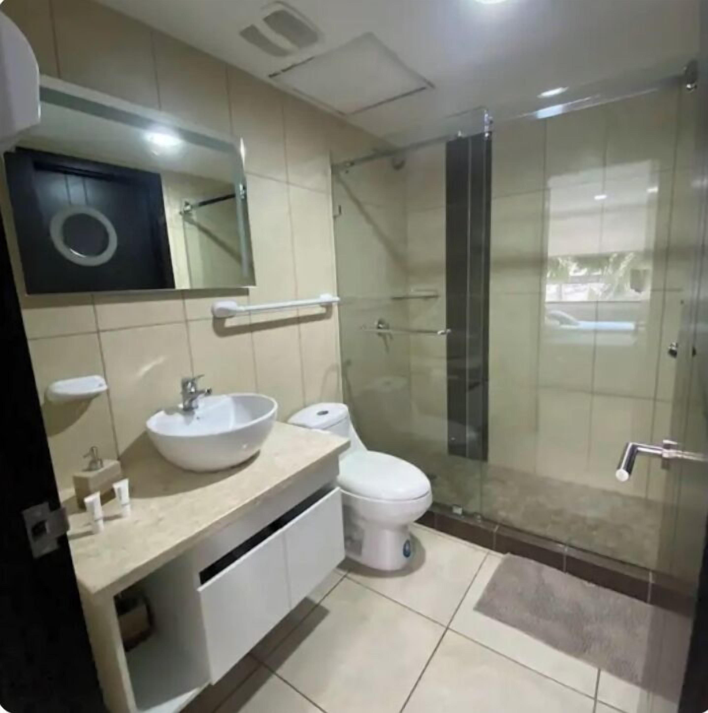 Hair dryer, towels, soap, shampoo