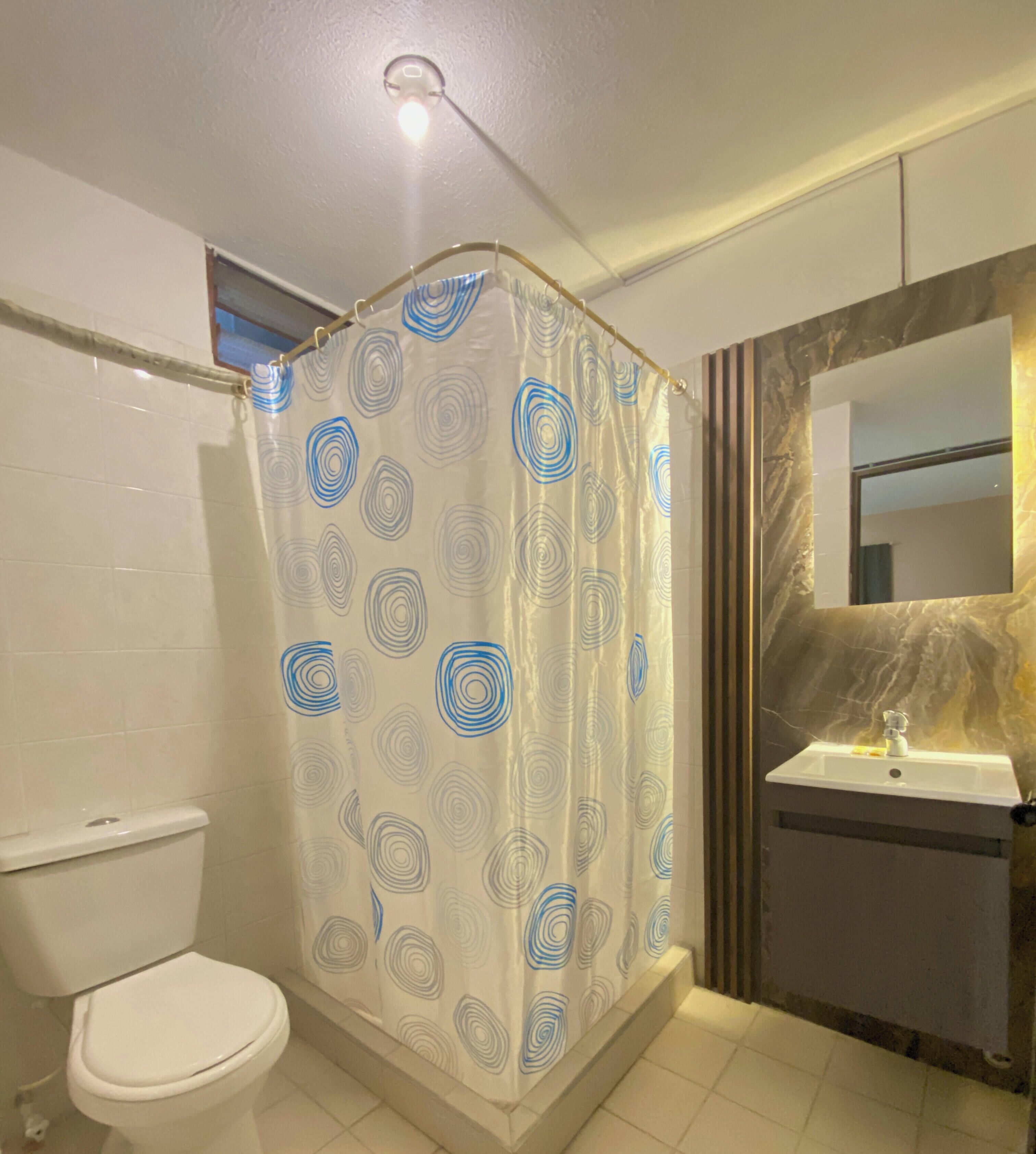 Un bagno con tenda doccia, WC, lavandino e specchio.