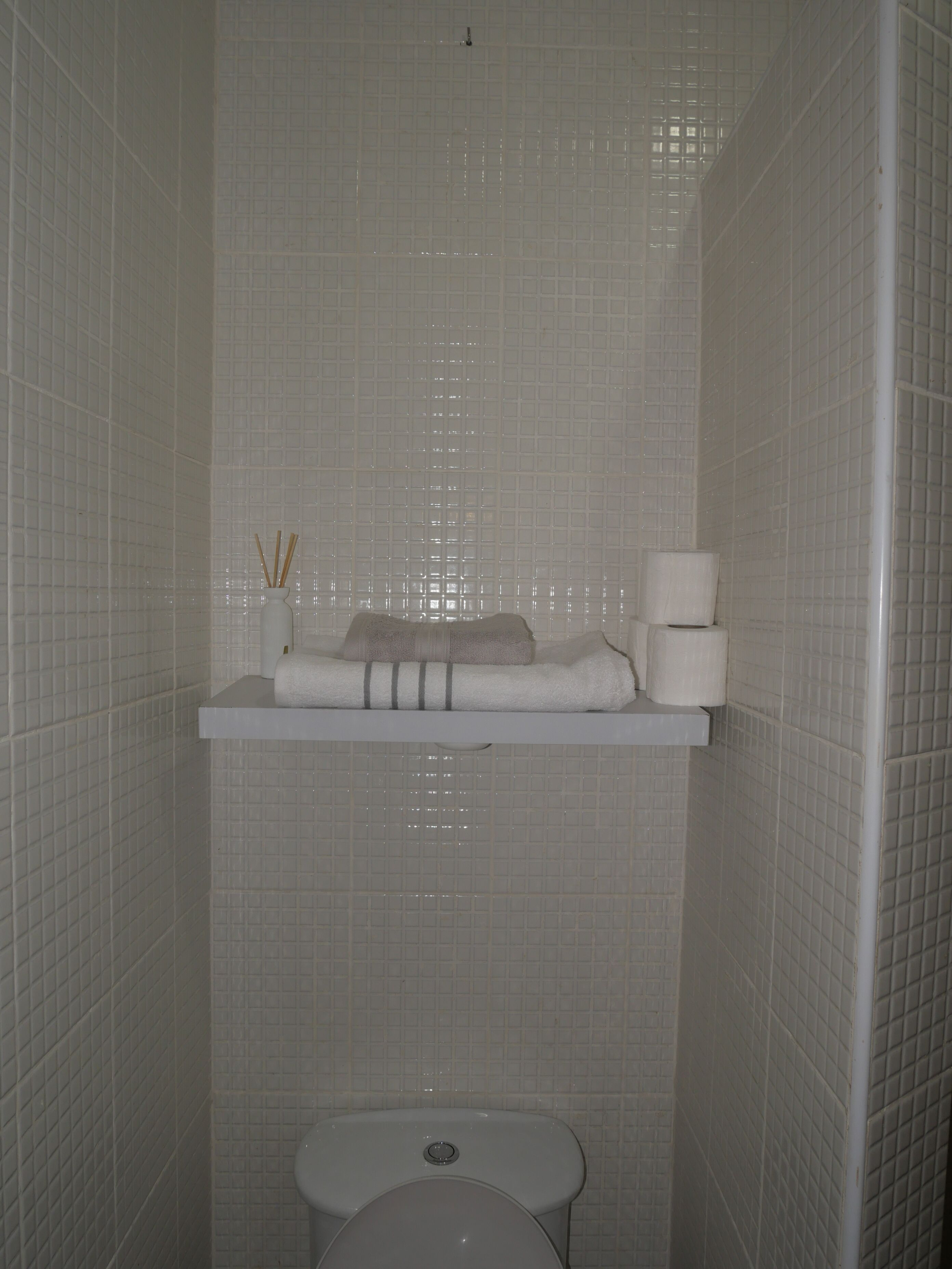 Un baño con paredes de azulejos blancos, un inodoro y un estante con artículos de aseo.