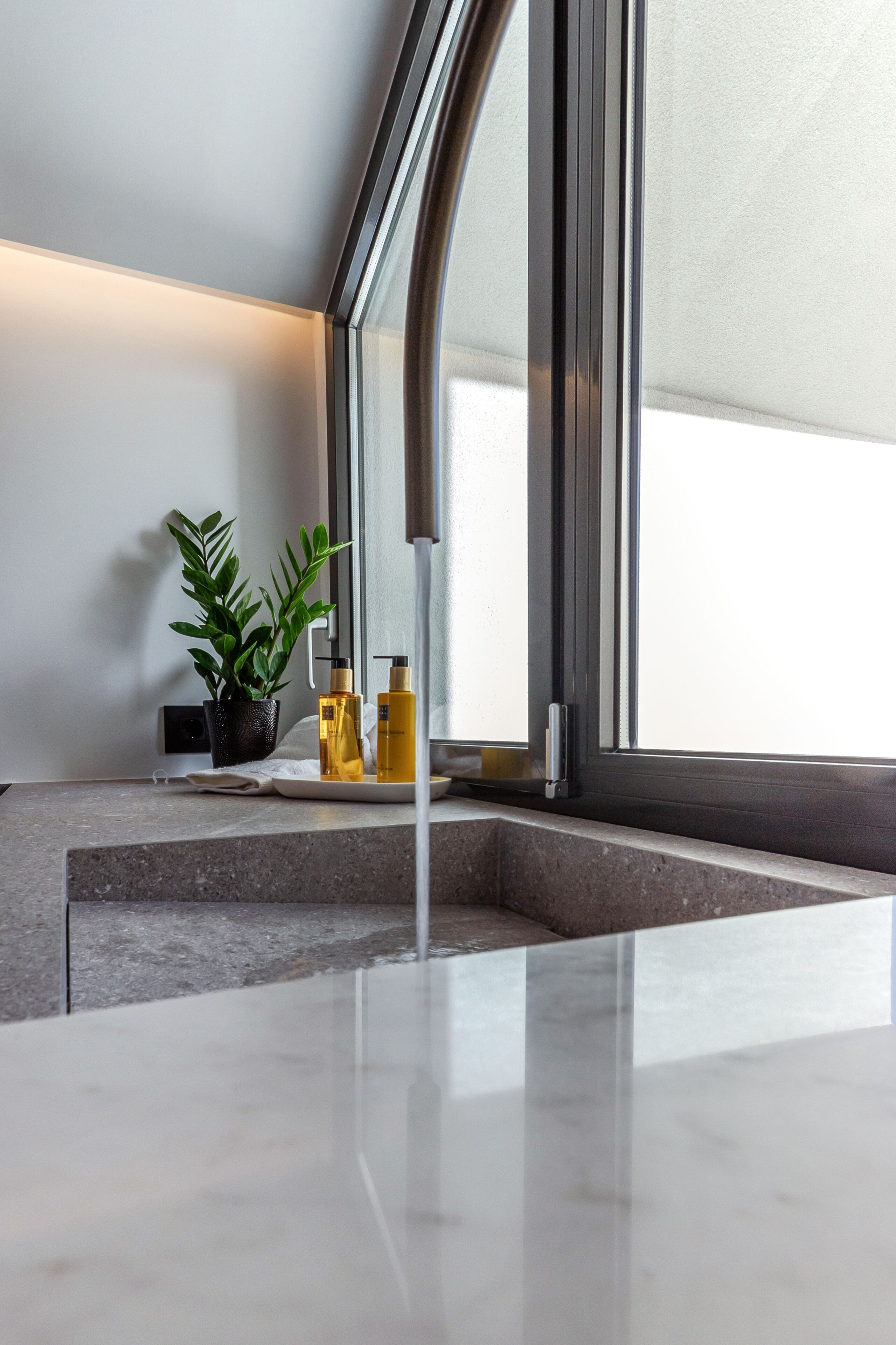A bathroom with a large window, a plant, and toiletries on a tray.