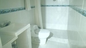 A bathroom with a toilet, sink, and shower area. - Hotel Boutique Royal Palm Inn (San Andrés)