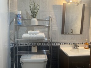 Shower, towels, soap, shampoo