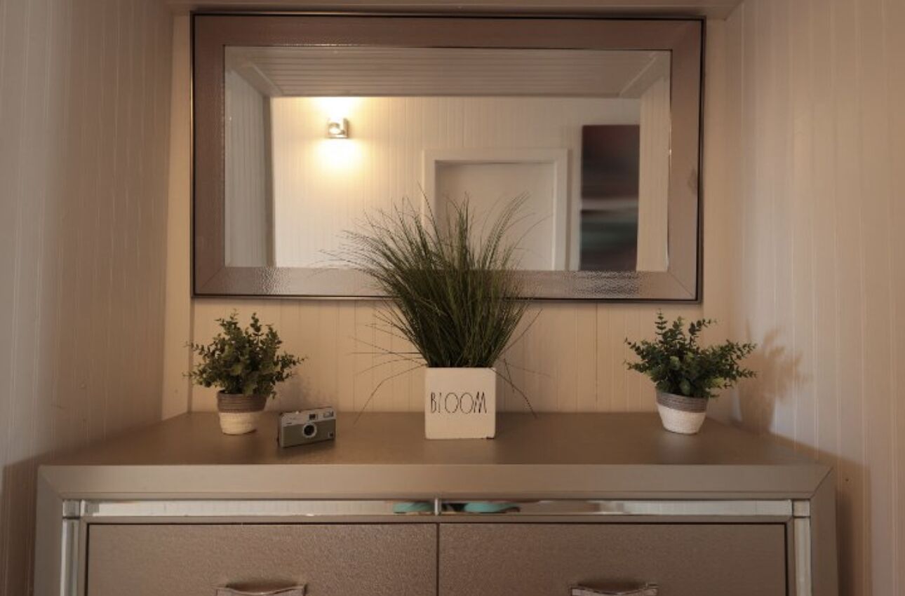 Un tocador de baño con espejo, dos plantas en macetas y un letrero que dice "BLOOM".