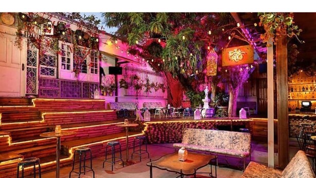 Un espacio al aire libre con bancos y mesas de madera, rodeado de exuberante follaje e iluminación decorativa.