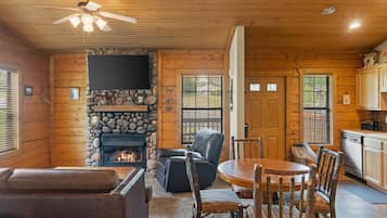 Smart TV, fireplace, DVD player