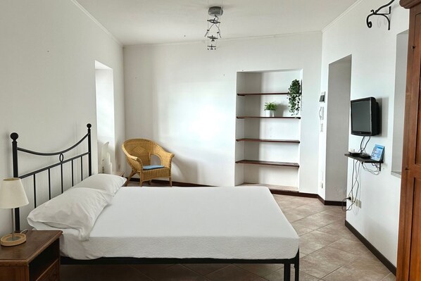 Une chambre à coucher avec un lit, une chaise, une télévision et une étagère avec des plantes.