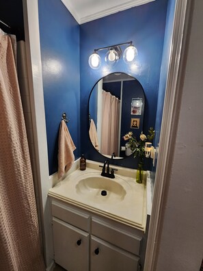 Shower, jetted bath, hair dryer, towels