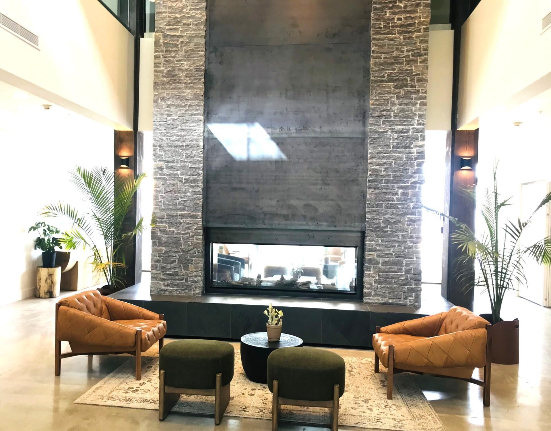 Un vestíbulo con chimenea de piedra, dos sillones de cuero, una mesita y plantas en macetas.