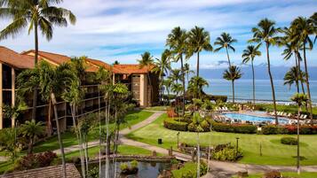 Un resort con piscina, palmeras y vista al océano.