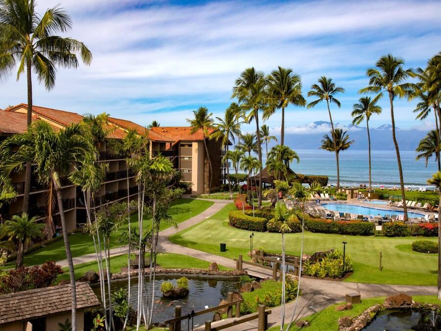 Un resort con piscina, palmeras y vista al océano.