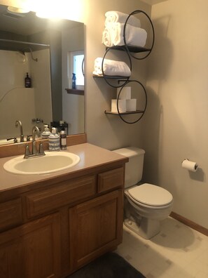 Hair dryer, towels, soap, shampoo