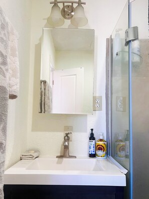 Hair dryer, towels, soap, shampoo