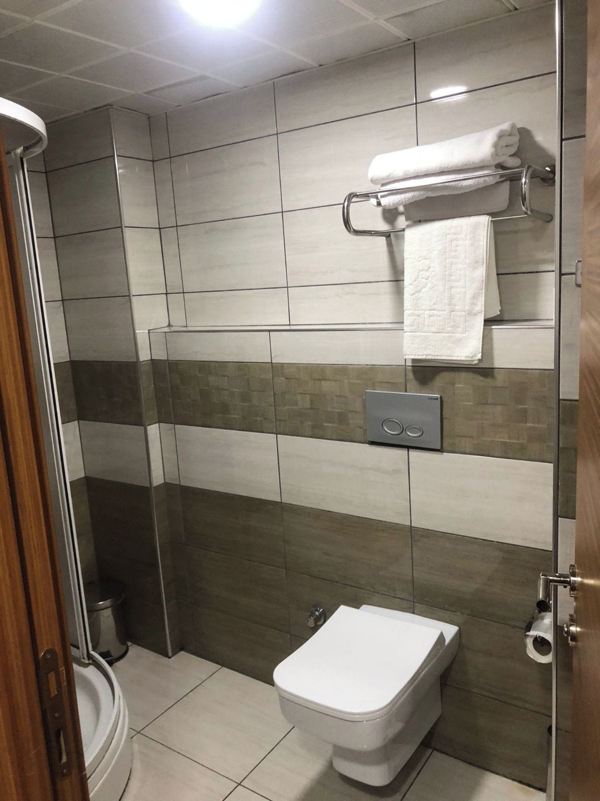 Een badkamer met toilet, een handdoekhouder met handdoek en een douchehoek.