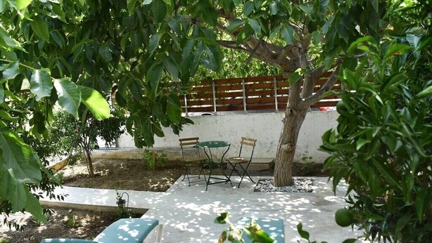 An outdoor seating area with a table and chairs, surrounded by trees and a white wall. - Pirgos Colorful Studio, Sleeps 2, Parking WiFi Ac (Pirgos Monofatsiou Heraklion)