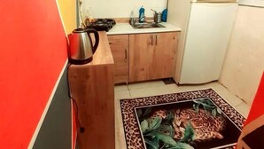 A compact kitchen with wooden cabinets, a gas stove, a sink, and a refrigerator. - Lovely 1-Bed Apartment (Istanbul)