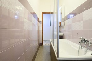 Tina con regadera, secadora de cabello, bidet, toallas 