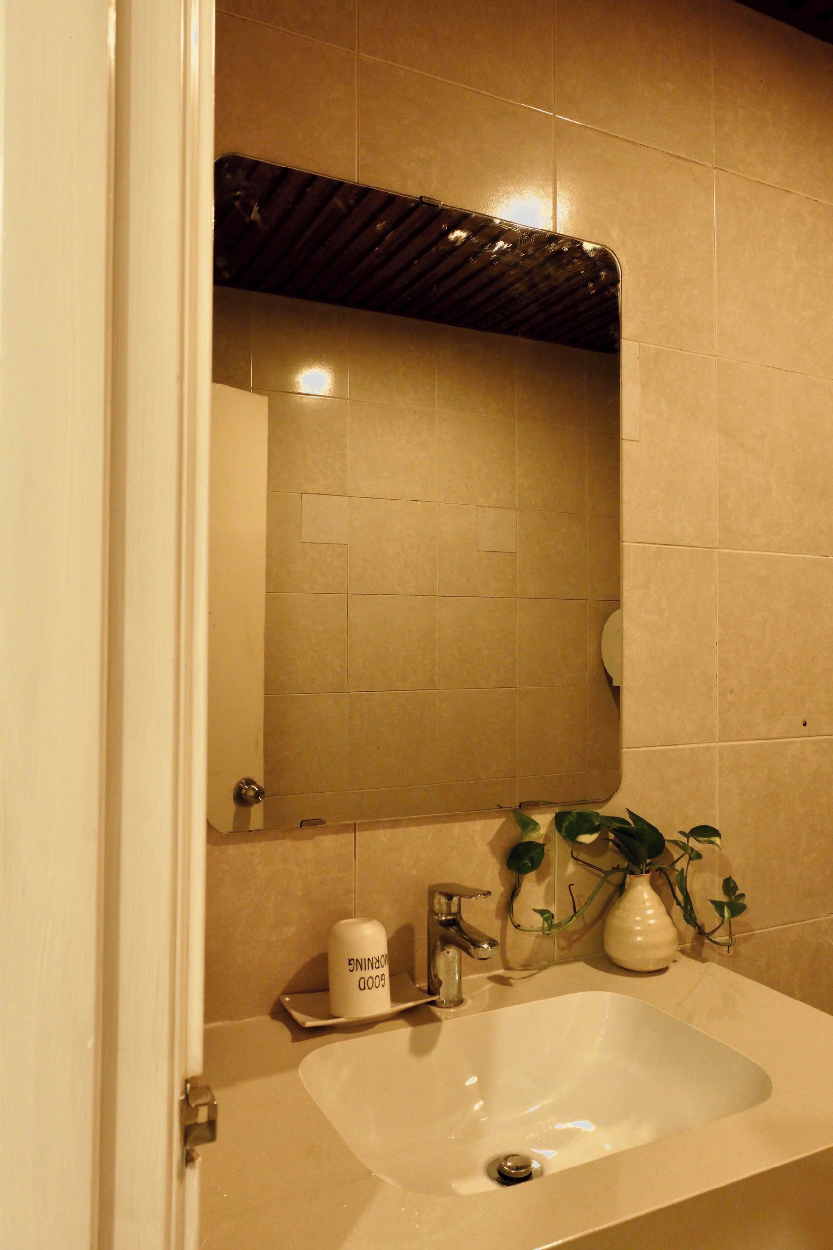 Un baño con lavamanos blanco, un espejo y una planta en maceta.