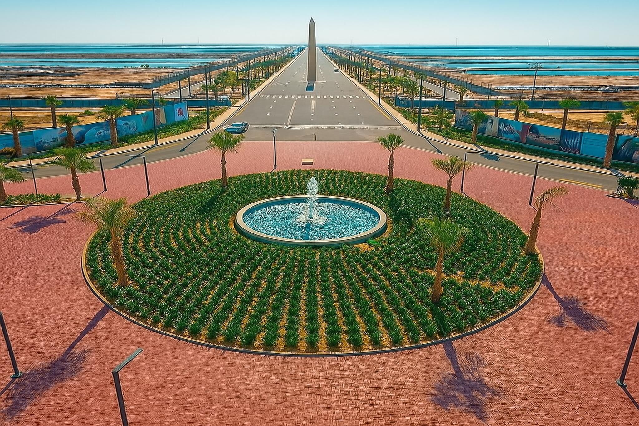 Una larga avenida recta con un monumento central, palmeras y una fuente circular.