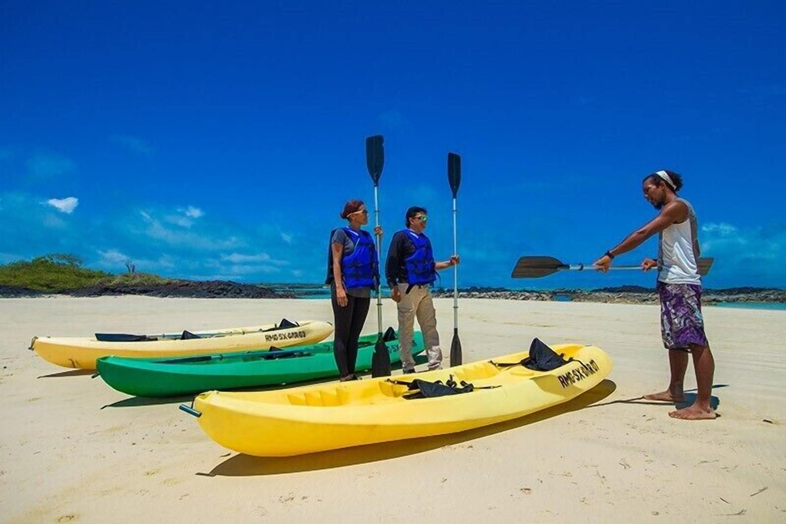 Trois kayaks sur une plage de sable, sous un ciel bleu dégagé.