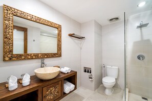 Shower, hair dryer, soap, shampoo