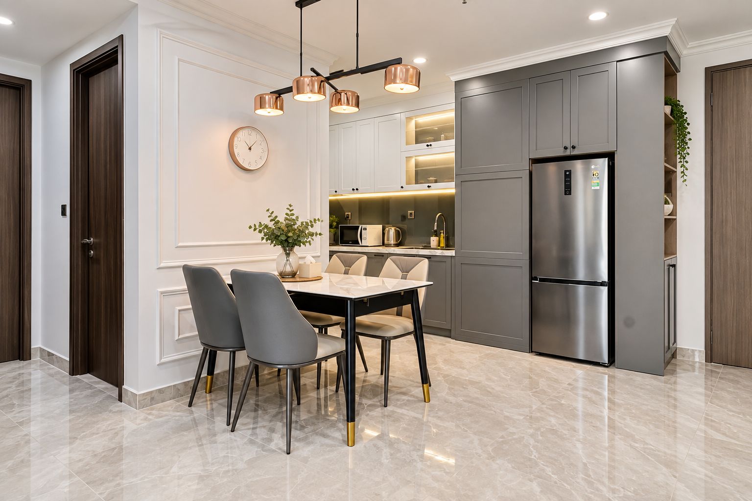 A modern kitchen with a built-in refrigerator, a dining area with a table and chairs, and pendant lighting.